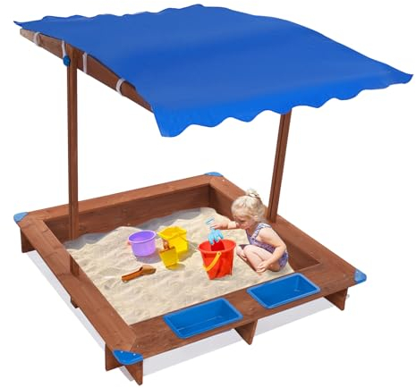 Sandkasten mit Abdeckung 126 x 121 x 118 cm, Sandkiste mit Plane, Höhen- und Neigungsverstellbares Dach, Kinder-Sandkasten Outdooraus Holz, Bodenmatte und Montagezubehör inkl., Blau