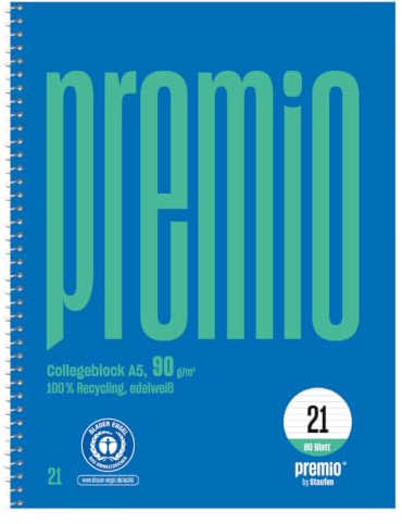 Staufen Premio Collegeblock - 5 Stück, 80 Blatt, DIN A5, liniert 9 mm | Lineatur 21, 100% Recyclingpapier, zertifiziert mit dem Blauen Engel, abgerundete Ecken, 90 g/m² Papier