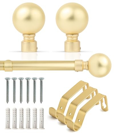 Emma Barclay Extendable Curtain Pole With Finials Brackets & Fittings Sets 16-19mm in Matt Gold Metal Curtain Poles For Eyelet Curtains Rod - Metal Sliced Collection 1.6m - 3m Matt Gold