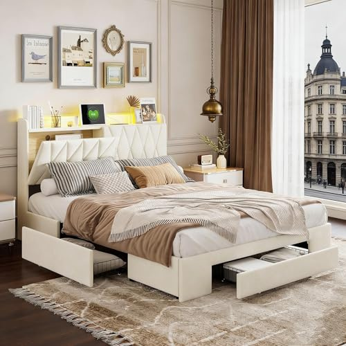 JYNVO Polsterbett 140x200 mit 3 Schubladen und LED Beleuchtung, Kopfteil mit USB-Anschluss und Steckdose, Stauraumbett, Jugendbett, Lattenrost, Beiges Samt, Doppelbett, Ohne Matratze