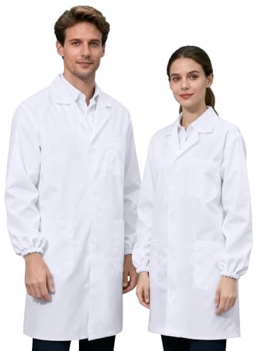 JXCTNNU Blouse Laboratoire Blanche Scolaire de Chimie Blouse pour Homme Femme Louse Chimie Lycee Longues Blouse avec Poche et Bouton