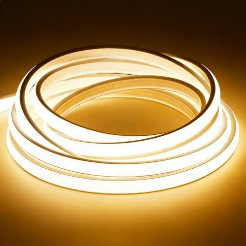 Hmuaog COB LED Streifen 230V Direktanschluss, 1400Lm/m Extra Hell Lichtband IP67 Wasserdicht, Punktfreies LED Band für Außen Garten Küche Akustikpaneele (Warmweiß, 1 m)