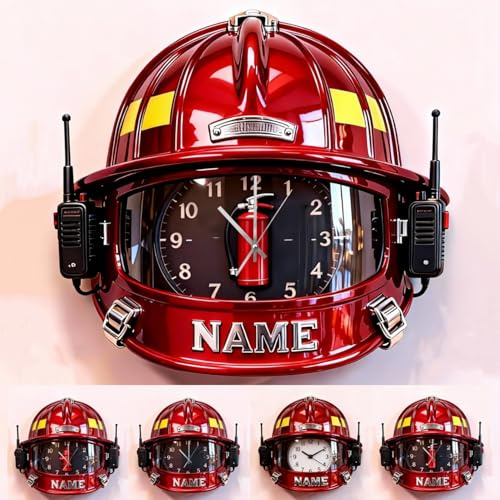 Certykllp Personalisierbare Wanduhr in Form eines Feuerwehrhelms mit 2D-Druck, für Wohnzimmer, Schlafzimmer, Badezimmer, Heimdekoration