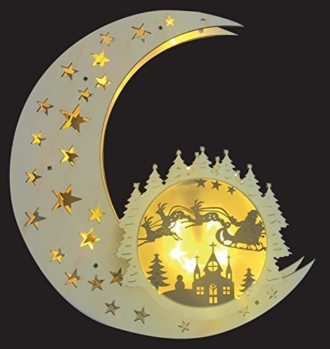 Mond aus Holz/LED beleuchtet/Hologramm-Licht-Effekt/hängend/kabellos/Holzmond