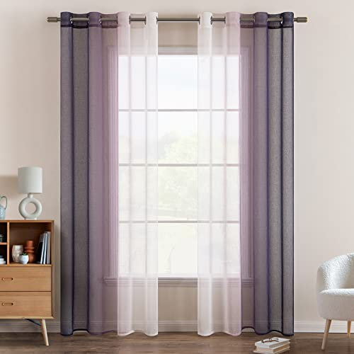 EMEMA Voile Vorhang Zweifarbiger Vorhang mit Ösen Transparente Gardine Ösenschal Fensterschal Lichtdurchlässig für Schlafzimmer 2er Set 140x225cm Lila