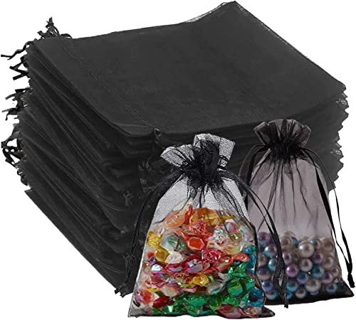 Puedno 100 PCS Organza Beutel mit Kordelzug, 7 × 9 cm Organza Säckchen Schwarze Organza Geschenk Schmuckbeutel für Hochzeit Süßigkeiten Party Weihnachten
