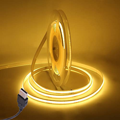 Wisada COB LED Streifen 5M, Innenbereich Nicht Wasserdichte USB Flexibler COB LED Lichtband, DC 5V 320 LEDs/m Warmweiß FCOB LED Band für Schrankbeleuchtung,Schlafzimmer, Bar, Bühne, Weihnachtsfeier