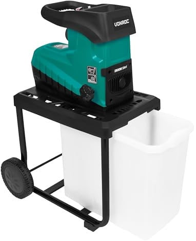 VONROC Broyeur de Végétaux 2800W - Moteur Silencieux - Diamètre Maximal des Branches 45 mm - Rouleaux de Coupe Réglable - Bac de Récupération 60 L Inclus