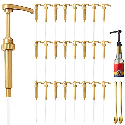 24 Pcs Gold Coffee Syrup Pump Dispenser, Compatible with 25.4 Oz/750ml Bottles, Great for Home & Coffee Bar Drinking Mixes, Tea, Beverage, Cocktails, Plus Spoons
