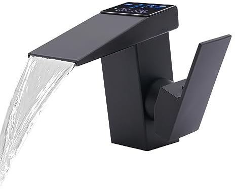 Wasserfall Wasserhahn, Armatur Badezimmer mit LED-Anzeige Kalt und heiß Wasser Hydroelektrische Energie Wasserfall Auslauf für Haushalte Küchen Bäder Restaurant (Schwarz)