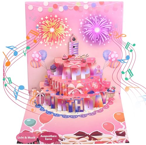 LIHAO Geburtstagskarte Frau mit Musik und Licht Geburtstagskarten Pop Up Karte Geburtstag Mann LED Blowable Kerze Happy Birthday Geschenk Rosa