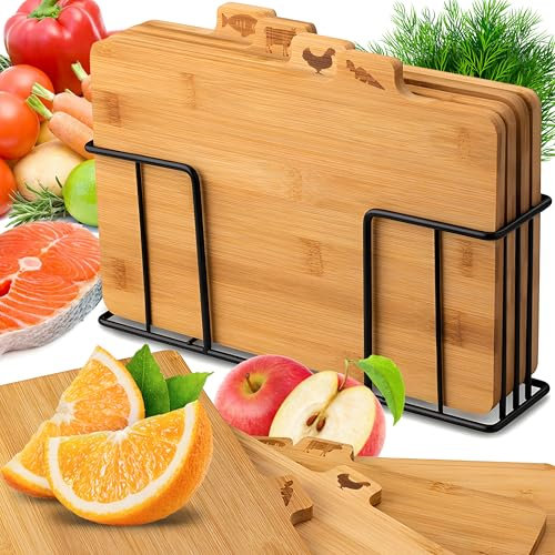 Retoo Schneidebrett Set 4er Bambus Holzschneidebrett Holzbrett Küche Schneidebretter Chopping Board für Brot Fleisch Obst Gemüse Käse Schinken Schneidbrett 28 x 16 cm Metallständer