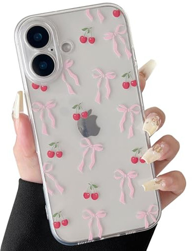 ZTOFERA Clear Case for iPhone 16 Plus, Cute Cherry & Ribbon Bowknot Pattern Design Aesthetic Transparent Phone Case Soft Flexible TPU Shockproof Protective Cover for Women Girls - Pink Ribbon