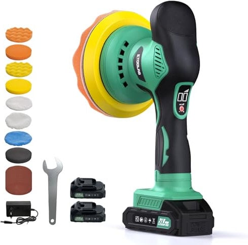 ETOOLAB Poliermaschine Auto Akku, Poliermaschine Auto Set 22 pcs, Exzenter poliermaschinen mit 2*2.0Ah 21V Batterie, 8 variable Geschwindigkeit, für die Autodetailing, Scheinwerfer Aufbereitung Set