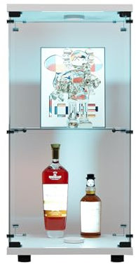 QMTXBYJ Glasvitrine mit LED-Beleuchtung in Weiß, 86x43x37cm, Modern Vitrine mit 2 Regalen, 1 Türen Glas Vitrine Vitrinenschrank, Glasschrank Standvitrine aus Gehärtetes Glas und Holz, für Wohnzimmer