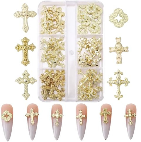 60 Pcs Kreuz Nagel Charms für Nagelkunst, 3D Metall Kristall Kreuz Nagel Dekorationen, Legierung Nagel Nieten und Strasssteine für Frauen Mädchen DIY Schmuck Handwerk Zubehör (B-Gold)