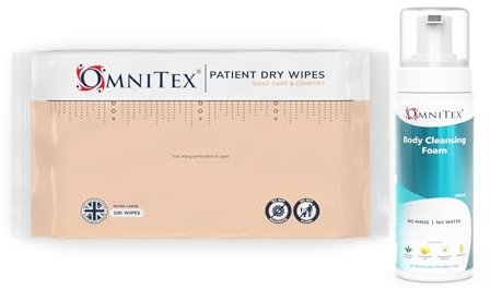 100x Omnitex Patient Cleansing Dry Wipes + 200ml Rinse Free Body Cleansing Foam | XL Soft Durable High Absorbency Dry Wipes | No Rinse Body Wash with Herbal Oils & Vitamins | No Water required