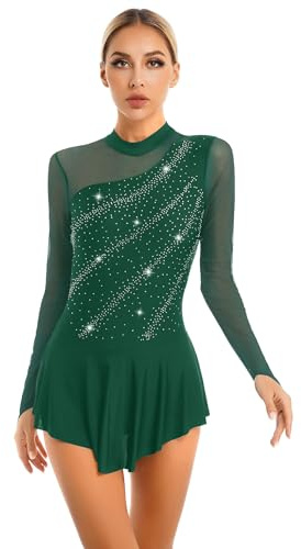 Freebily Damen Eiskunstlauf Kleid Langarm Strass Eislaufen Ballettkleid | Trainingskleid Eiskunstlauf Wettkampf Kleid Damen, Gymnastikanzug Damen Skating Kleid, Tanz Trikot, Mesh Patchwork,