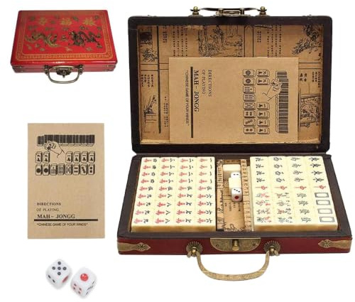 SKIKHN Mini Mahjong Set, 144 Pcs Chinesisches Mah Jong, Tragbares Mini-Chinesisches Majong-Set, Antique Mini Mahjong Spiel, Majongsteine Spiel mit Edler Holzschatulle, für Familie Reise Versammlungen