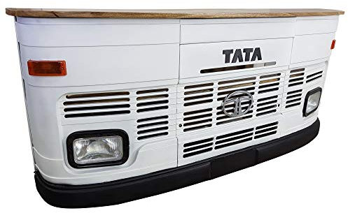 Theke Tata groß in weiß LKW Front - Tresen mit Beleuchtung - Verkaufstheke im Vintage Look für Rezeption oder Empfang - Empfangstresen aus Metall und Holz - Empfangstisch im LKW-Design Bartisch