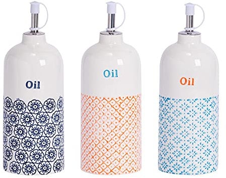 Nicola Spring Olive Oil Bottles - 500ml - Pack of 3 - Dishwasher Safe Porcelain Kitchen Hand Printed Navy Olive Oil Dispenser Cruet with Chrome Pourer Spout for Kitchens, Restaurants, Dining