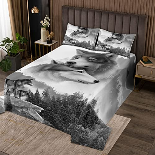 Wolf 3D Drucken Bettüberwurf Kinder 240x260cm mit 2 Kissenbezug 80x80 cm Weiß & Schwarz Tier Tagesdecke Microfaser Jungen Mädchen Steppdecke 3 teilig Wohndecke