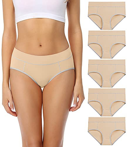 wirarpa Unterhosen Damen Midi Taille Slip Baumwolle Bequeme Unterwäsche Beige 5er Pack Größe M