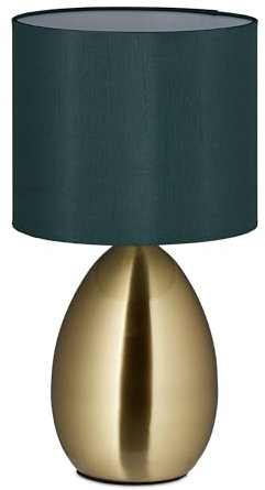 Relaxdays Nachttischlampe mit Touch, moderne Tischlampe, HxD: 34x18 cm, E14, Tischlampe mit Stoffschirm, gold/dunkelgrün