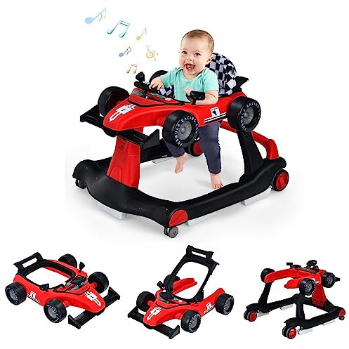 DREAMADE Trotteur Bébé Garçon Fille avec Hauteur&Vitesse Réglable,4 en 1 Trotteur Marche Pliable Forme de Voiture avec Roue Universelle Silencieuse&Musique&Lumière,pour Enfants 6-18 Mois,Charge 12 KG