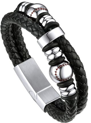 Bandmax Flechtarmband für Männer Lederarmband 21cm Magnetverschluss Armbänder Geflochtenes Armband aus Mikrofaser-Leder Manschette Armkette mit Baseball Schmuckzubehör Armschmuck Modeschmuck
