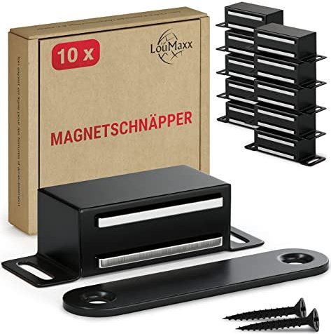 LouMaxx Magnetschnäpper stark - Haltekraft 4kg - 10er Set in Schwarz – Türmagnet -Schrankmagnet – Möbelmagnete – Tuer Magnetverschluss Edelstahl– Magnethalter Schranktür für sicheren Halt