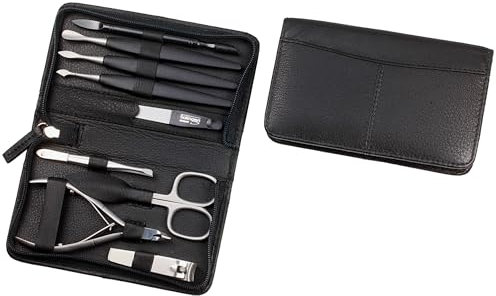 Sonnenschein by Hans Kniebes - Maniküre Set 9-teilig - Nagelschere, Hautzange, Knipser, Feile, Pinzette, Nagelhautdrücker, Nagelmesser/-reiniger, Hufstab - Maniküre-Etui aus Nappa-Schafleder schwarz