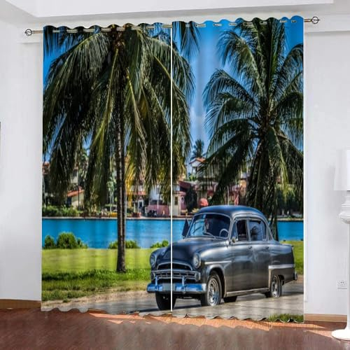 GIOVIA 3D Retro Sportwagen Vorhänge Abdunkelnde mit ösen 2 Stücks Gardinen Blickdicht Verdunkelungs Strand Palmen Kälteschutz Scheibengardinen für Junge Mädchen Schlafzimmer B 280 X H 260 cm