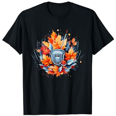 Eishockey-Sachen und Ausrüstung mit roten Blättern im Herbst T-Shirt