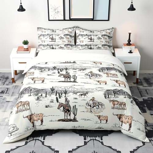 Western Cowboy 100% Organic Cotton Comforter Cover Vintage Southwest Style Duvet Cover Set Queen Size for Bedroom Desert Cactus Cow Horse Animals Bedding Set with 2 Pillowcases(No Comforter)