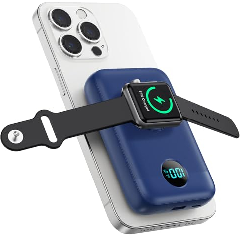 Power Bank Magnético para MagSafe, 10800mAh Bateria Externa Inalámbrica QC4.0+PD 22,5W USB C Carga Rapida Bateria Portatil con Pantalla LCD Powerbank para Apple Watch/iPhone 16/15/14/13/12 Series-Azul