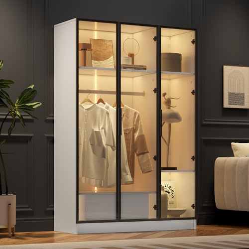 YESGIGA Geräumiger weißer Kleiderschrank mit 3 Glastüren, 1 Schublade und 1 Kleiderstange