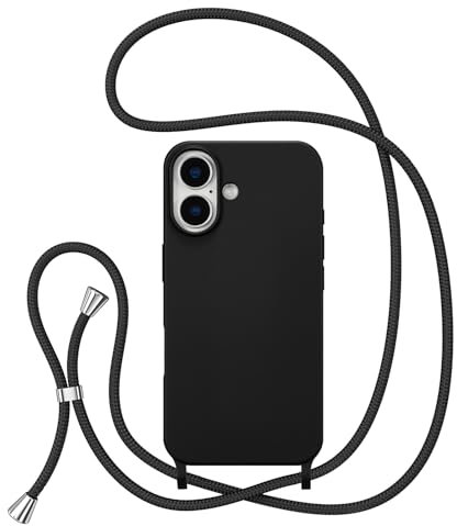 ZTOFERA Crossbody Lanyard Case for iPhone 16, Liquid Silicone Protective Phone Case with Strap Adjustable Neck Cord Necklace Soft Cover for iPhone 16, Black