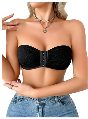 GORGLITTER Women's Strapless Wireless Front Fastening Bras Heart Print Comfy Bandeau Bralettes Black Medium