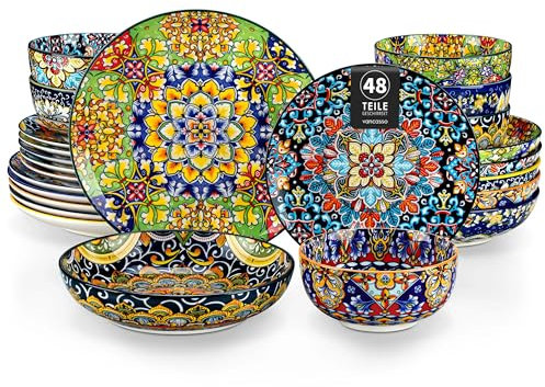 vancasso 48-teiliges Geschirr set, SIMI Geschirrset 12 Personen aus Porzellan, Tafelservice 12 Personen mit Speiseteller, Dessertteller, Suppenteller und Schalen, Boho Geschirrset