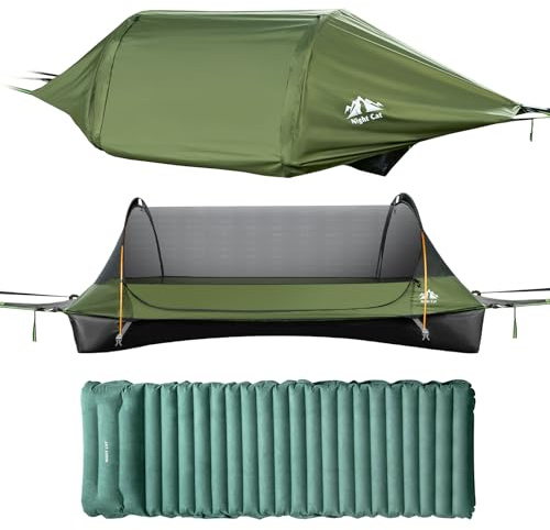 Night Cat Hängematte Outdoor Wetterfest: Hängemattenzelt Flach Liegend mit Moskitonetz Tarp und Aufblasbare Schlafmatte XXL für 1 Personen Camping Trekking und Garten