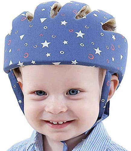 IULONEE Casco de Protección para Bebé Gorra Protectora para Cabeza de Bebé Gorra de Algodón Ajustable Casco Bebe Helmet (Azul Estrellado)