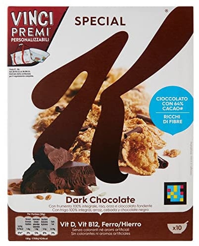 6x Kellogg's Special K Dark Chocolate Fiocchi di Riso Cereals Dunkle Schokolade Reisflocken Vollkorn Weizen und Gerste mit Vitaminen und Mineralstoffen mit Schokoladenlocken 290g Getreideflocken
