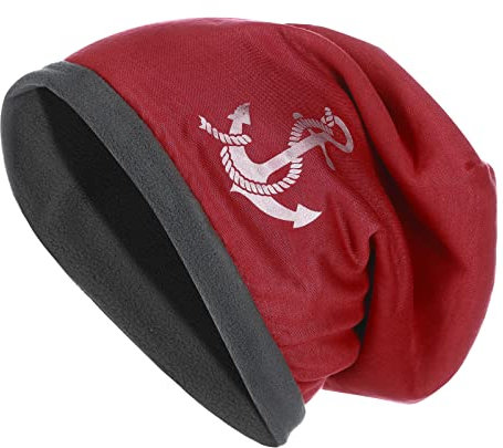 modAS Unisex Beanie Fleece mit Ankermuster - Anker Mütze für Damen und Herren Einheitsgröße für Erwachsene in Rot