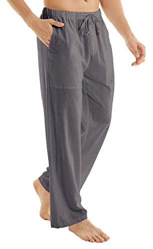 YuKaiChen Herren Leinenhose Yogahose Männer Lang Sommerhose Leicht Loose Fit Freizeithose Urlaub Strandhose mit Kordelzug Dunkelgrau M