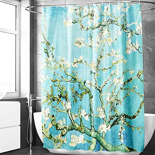 Berkin Arts Badezimmer Duschvorhang-Set 180 x 180 cm Wasserdichtes Polyester mit Haken Moderner Europäischer Tintenmalerei für Zuhause Türkis (Mandelblüte von Vincent Van Gogh)