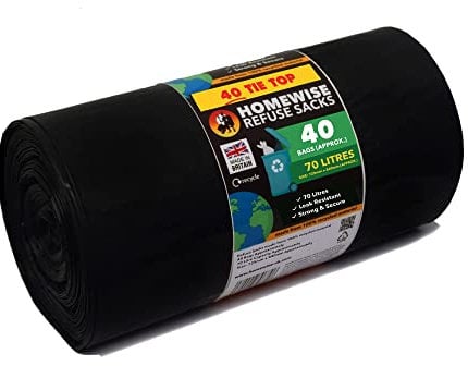 Homewise 40 Tie Top Bin Bags Heavy Duty 70L Handle Bin Bag Refuse Sacks Pack Of 40 Black Bags For Rubbish Large Bin Bags Eco Friendly for Every Day Use Strong Bin Liners Made from Recycled Material