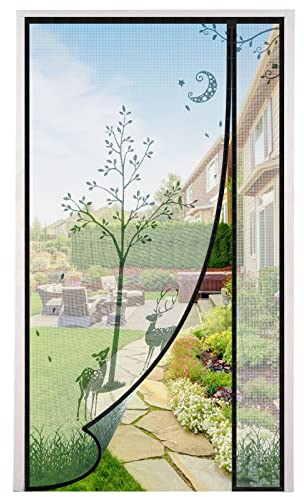 Fliegengitter Balkontür 80x200cm, Rechten &Linken Öffnungs Fliegengitter Tür Magnet,Vorder- und Rückseite sind universal Insektenschutz Balkontür,Kein Bohren,Elch-Motiv+Schwarzer Rand