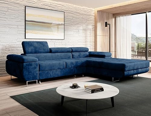 MODERNO Ecksofa mit Schlaffunktion und Bettkasten NORBERG - Sofa mit 3 Sitzen und Robusten Überzug - Schlafcouch L-Form - Modern Couch 72x279x205 cm - Ecke Rechts Blau