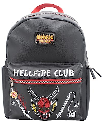 AI ACCESSORY INNOVATIONS Stranger Things Hellfire Club PU Rucksack Schulreisetasche mit Epoxy gefülltem Metall HFC Hexagon Charm 16 Zoll Kunstleder, Schwarz, Large, 40,6 cm PU-Rucksack